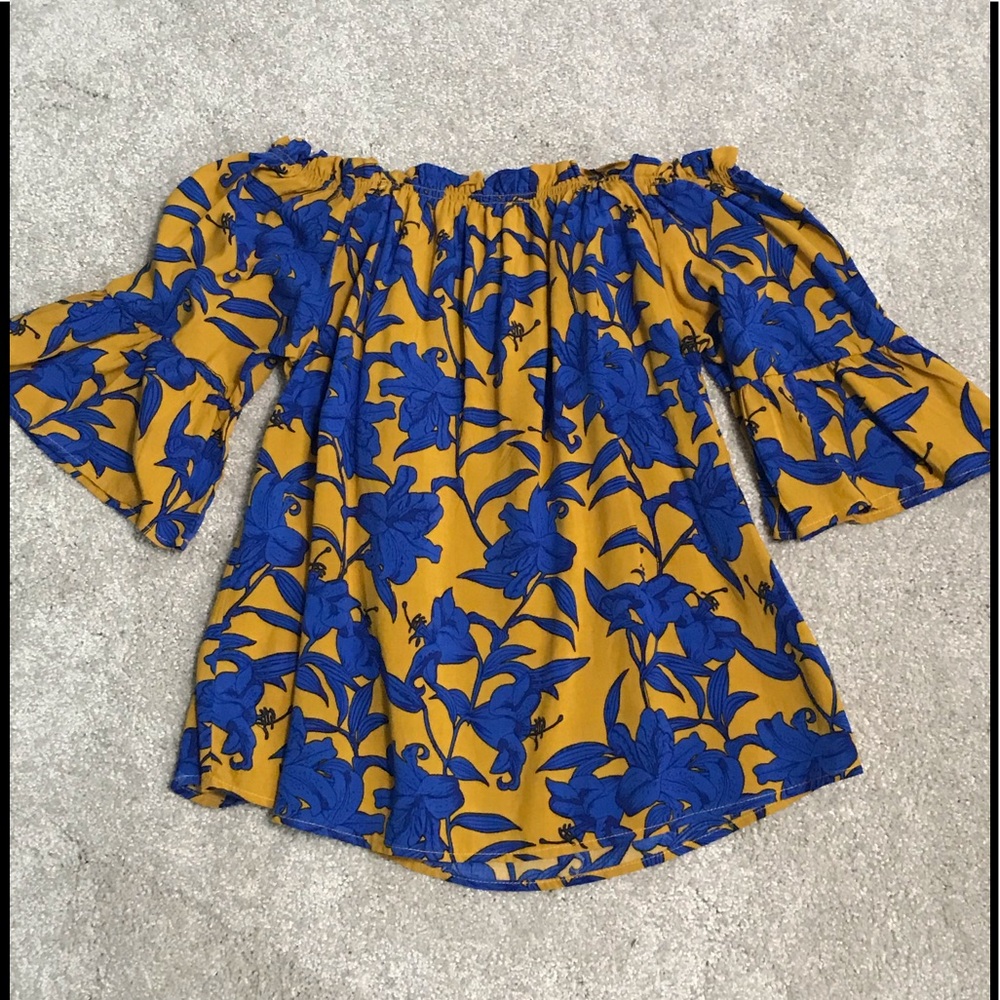 Mustard and blue color, off shoulder shirt, blouse